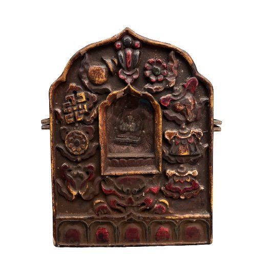 Tibet Gau Reisealtar Holz mit 8 Glücks-Symbolen